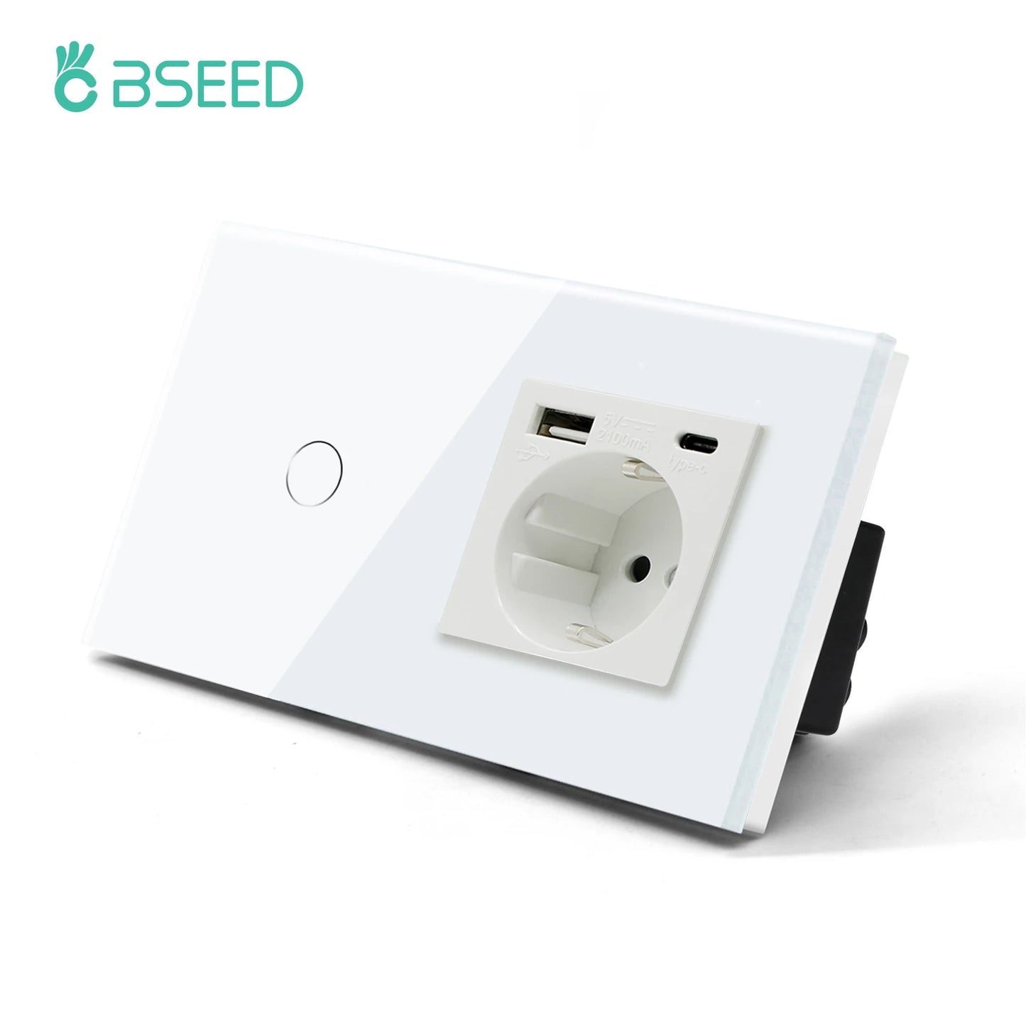 BSEED EU Standard USB Single Socket Touch Switch 1Gang 1Way White Crystal Sensor Wall Light Switch Power Double Sockets Outlets