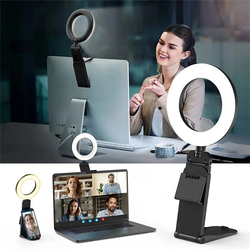 USB LED Selfie Light Clip Ring Light with Phone Holder Desktop Ring Light for Computer Laptop Video Conference Lighting Makeup