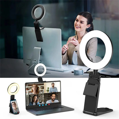 USB LED Selfie Light Clip Ring Light with Phone Holder Desktop Ring Light for Computer Laptop Video Conference Lighting Makeup