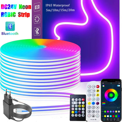 20M LED RGBIC Neon Rope Lights, 24V Music Sync App/Remote Control DIY Rope Light, 50ft LED Light Addressable Strip Gaming Room