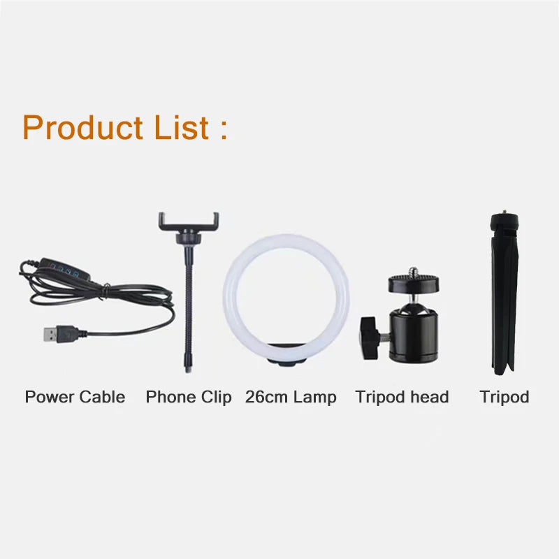 26cm 10 inch Led Ring Selfie Light Dimmable Photography Lighting Kit Usb Charge Lamp With Tripod For Live Video 120 Lamp Beads
