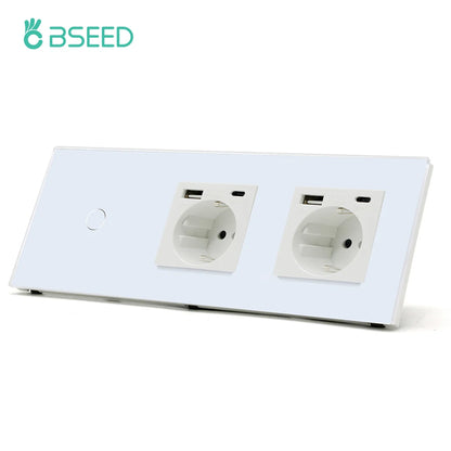 BSEED EU Standard USB Single Socket Touch Switch 1Gang 1Way White Crystal Sensor Wall Light Switch Power Double Sockets Outlets