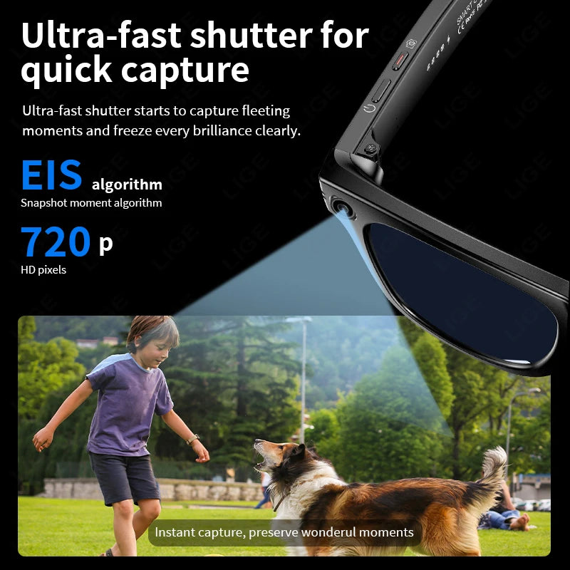 LIGE Fashion AI Camera Smart Glasses IP65 Waterproof Bluetooth Call Playing Music Smart Glasses Identify Pictures Use ChatGPT