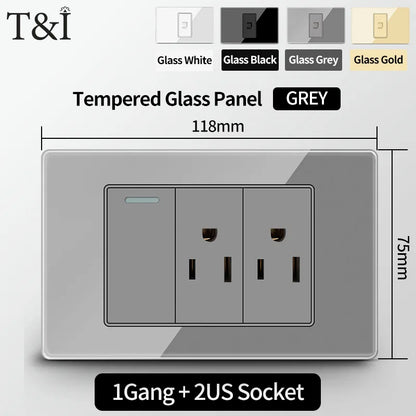 T&I US Standard 118 Wall Outlet with Switch, Tempered Glass Panel, USB and Type-C Charging Ports