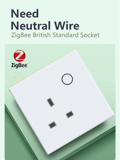 LOUYSGEN Zigbee UK Smart Socket Timing Schedule Plastic Energy Monitoring Smart Plug Neutral Wire 13A Tuya Alexa Control