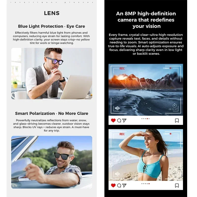 2025 AI Smart Glasses 8MP Professional-Grade Camera HD Video Music Bluetooth Call AI Voice Control Smart Glasses For Men Women