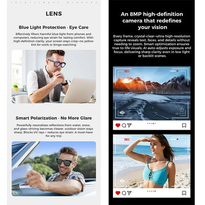 2025 AI Smart Glasses 8MP Professional-Grade Camera HD Video Music Bluetooth Call AI Voice Control Smart Glasses For Men Women