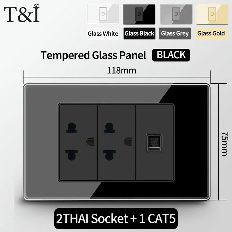 T&I US Standard 118 Wall Outlet with Switch, Tempered Glass Panel, USB and Type-C Charging Ports