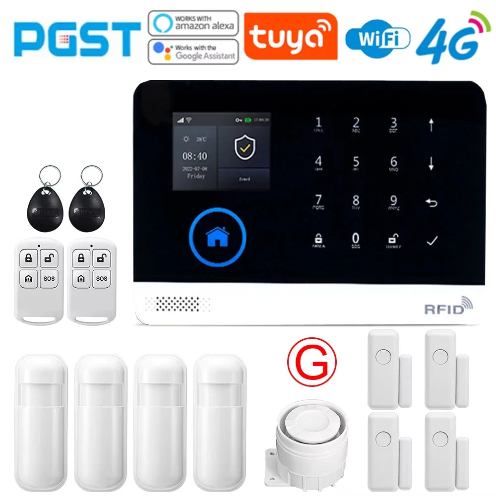 PGST PG103 Wifi 4G Tuya Alarm System With Pet Immune Motion Sensor smoke sensor IP Camera Wireless Smart Home Security Alexa