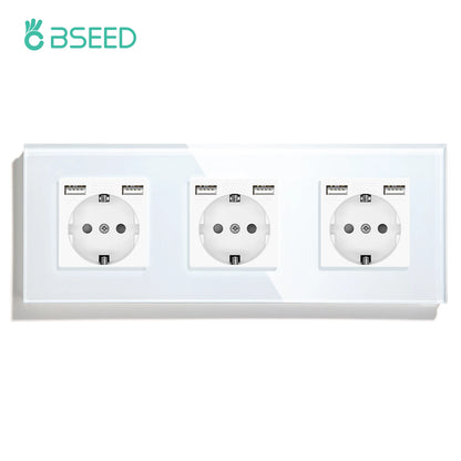 BSEED EU Standard USB Single Socket Touch Switch 1Gang 1Way White Crystal Sensor Wall Light Switch Power Double Sockets Outlets