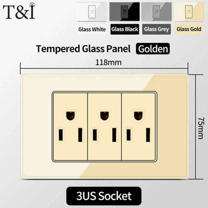 T&I US Standard 118 Wall Outlet with Switch, Tempered Glass Panel, USB and Type-C Charging Ports