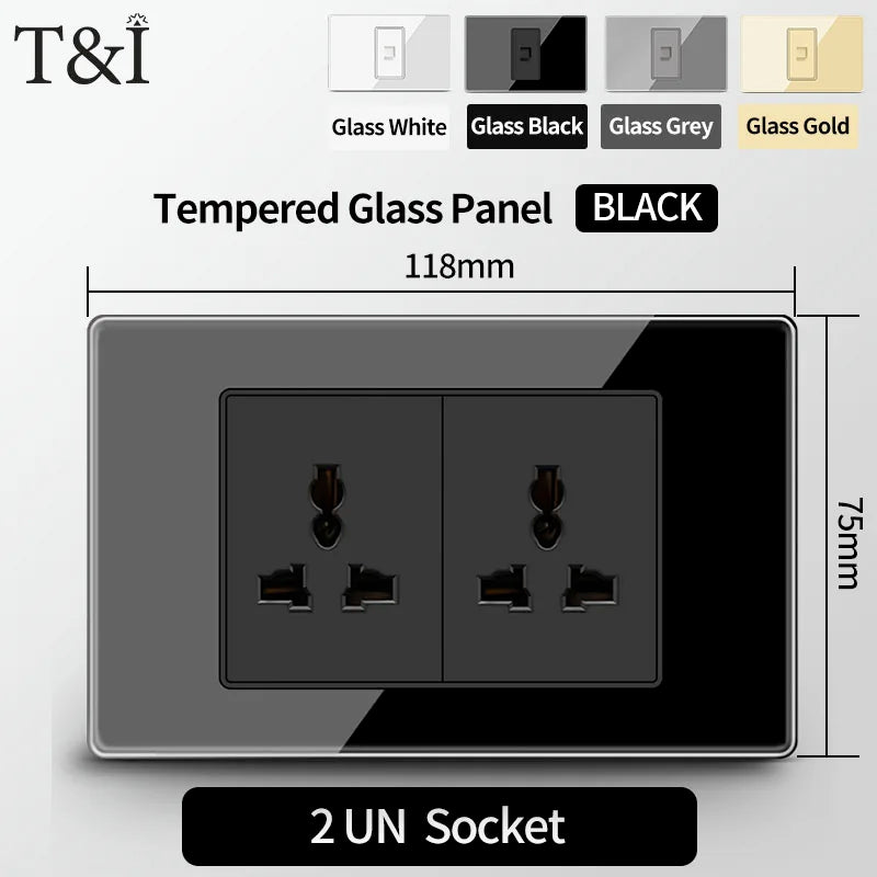 T&I US Standard 118 Wall Outlet with Switch, Tempered Glass Panel, USB and Type-C Charging Ports
