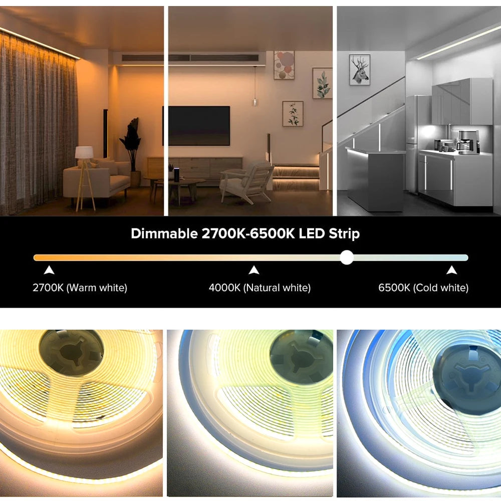 Tuya Smart WiFi COB CCT LED Strip 12V 2m 3m 5m 10m Dimmable Flexible 2700-6500K Dual White Room Decor Light fr Alexa Google Home