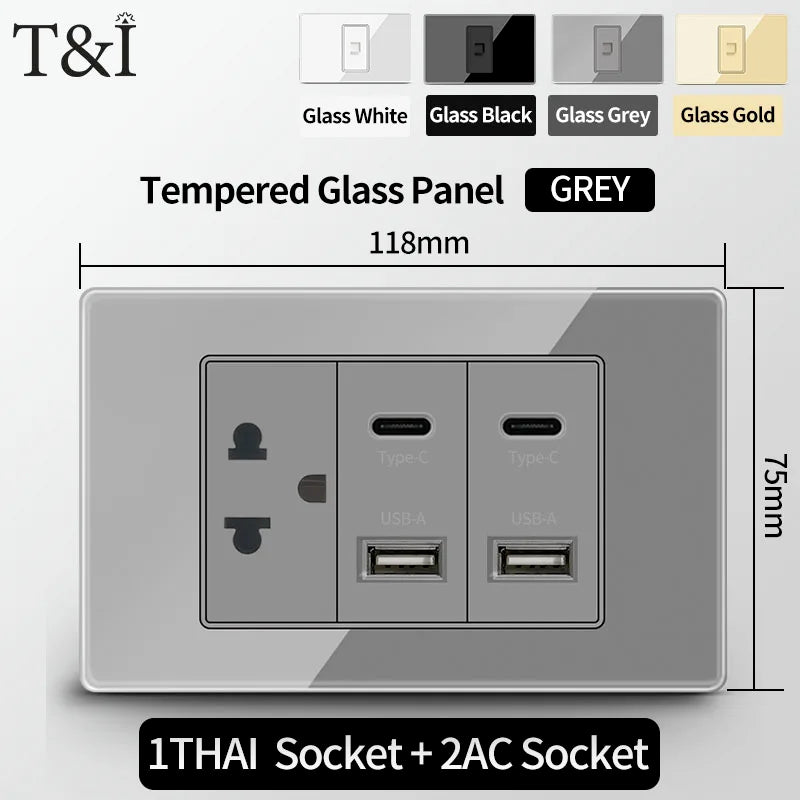 T&I US Standard 118 Wall Outlet with Switch, Tempered Glass Panel, USB and Type-C Charging Ports