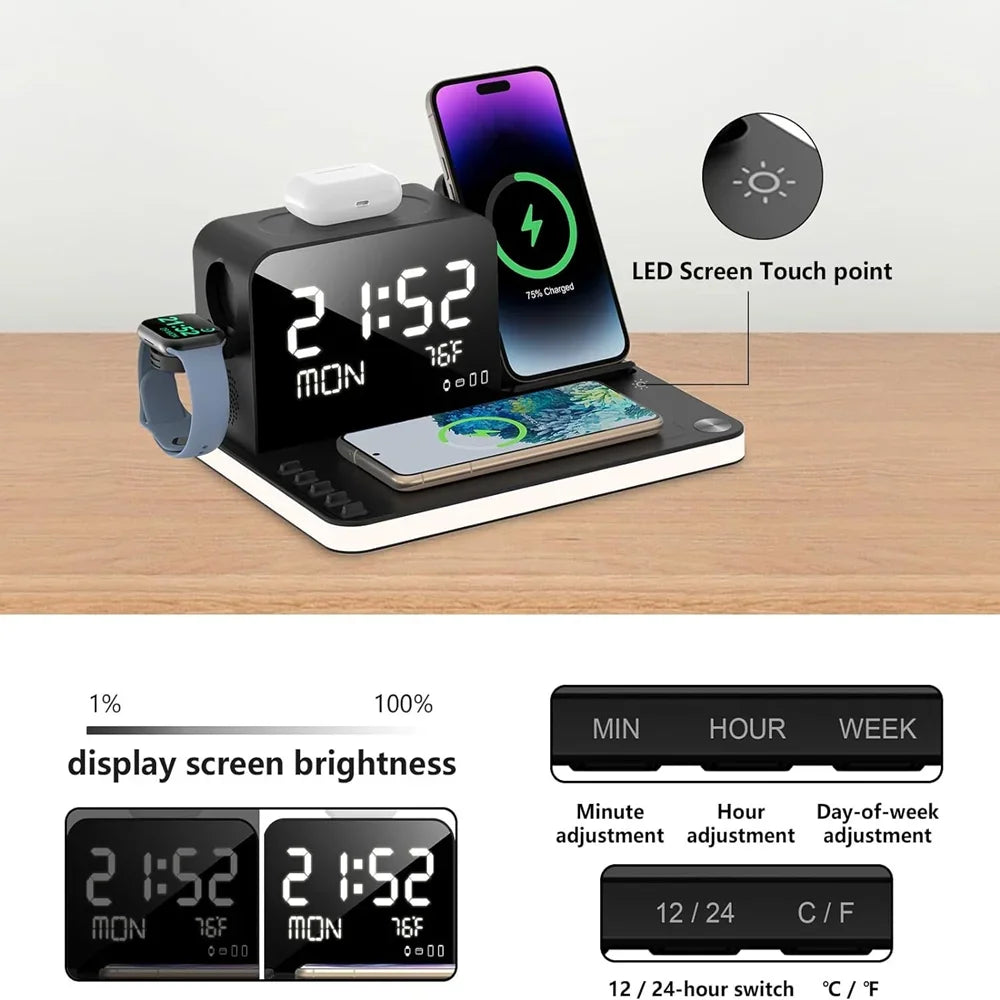 Newest 7 in 1 Wireless Charging Station with Dual iPhone Fast Charger Support Bluetooth/TimeSync 30W Fast Adapter for AirPods