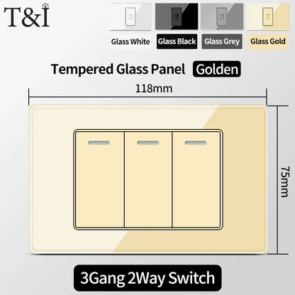 T&I US Standard 118 Wall Outlet with Switch, Tempered Glass Panel, USB and Type-C Charging Ports