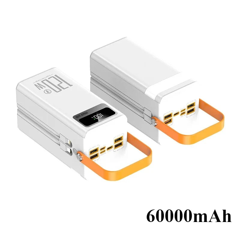 120W 60000mAh Power Bank Fast Charging Comes Two Wire External Battery Pack with Flashlight Outdoors for Huawei Xiaomi IPhone