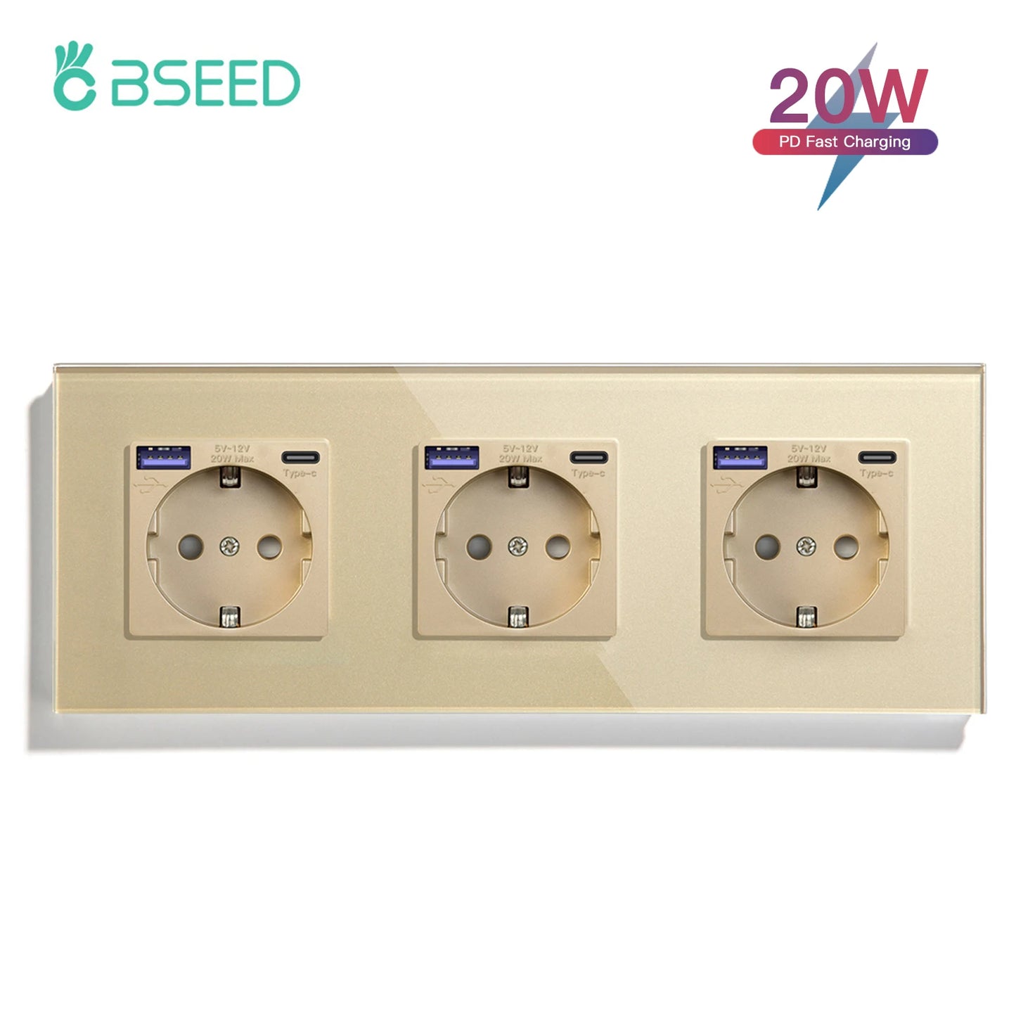 BSEED 20W PD Fast Charge Wall Socket Type-C Interface USB EU Standard Sockets Power Double Triple Power Outlets Wall Mounted