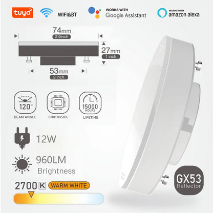 GX53 Smart LED Bulb RGBCW 12W Wardrobe Spotlight Bulb WIFI TUYA APP Control Intelligent LED Downlight Cabinet Light AC220V