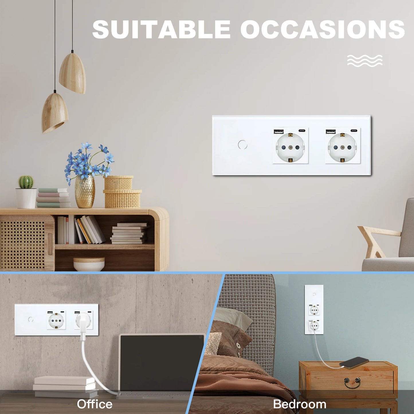BSEED EU Standard USB Single Socket Touch Switch 1Gang 1Way White Crystal Sensor Wall Light Switch Power Double Sockets Outlets