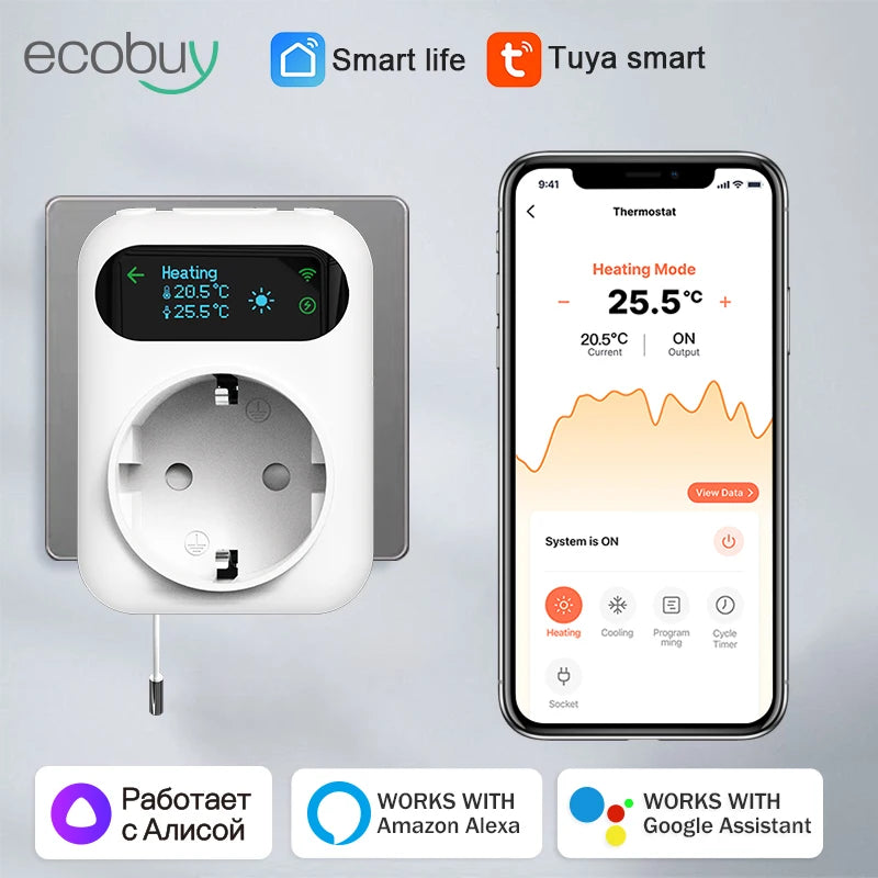 WiFi Tuya Smart Socket Thermostat Outlet Plug Wireless Smart Temperature Controller Timer Switch Cooling Heating Alexa Google
