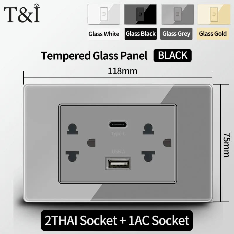 T&I US Standard 118 Wall Outlet with Switch, Tempered Glass Panel, USB and Type-C Charging Ports