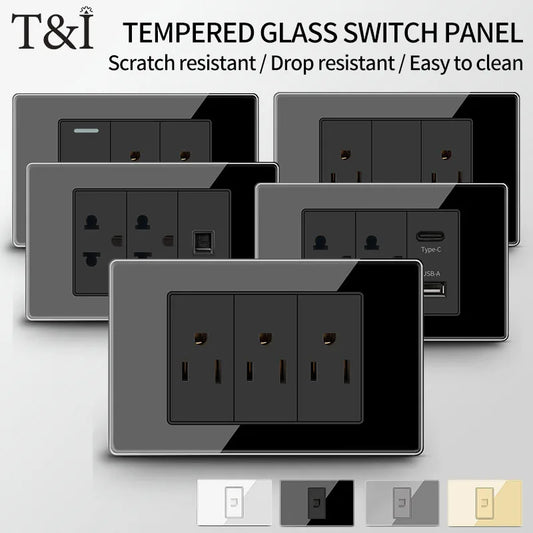 T&I US Standard 118 Wall Outlet with Switch, Tempered Glass Panel, USB and Type-C Charging Ports