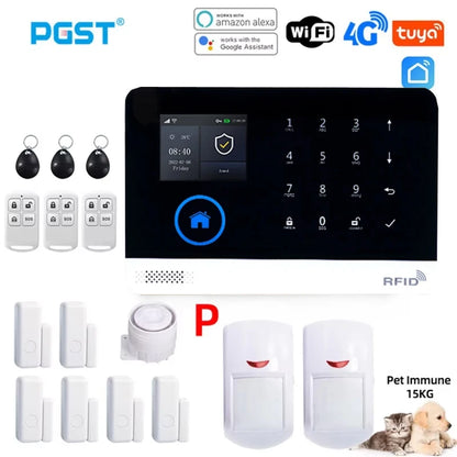PGST PG103 Wifi 4G Tuya Alarm System With Pet Immune Motion Sensor smoke sensor IP Camera Wireless Smart Home Security Alexa