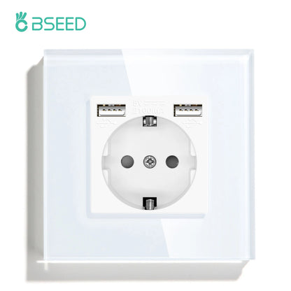 BSEED EU Standard USB Single Socket Touch Switch 1Gang 1Way White Crystal Sensor Wall Light Switch Power Double Sockets Outlets