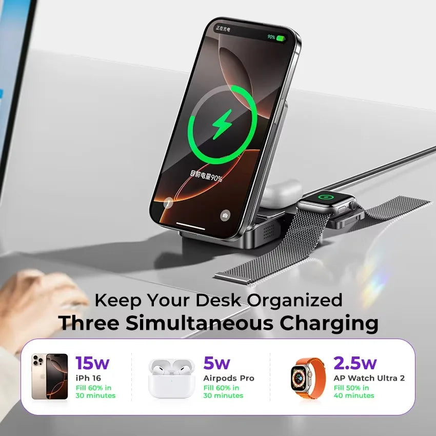 LISEN Premium Quality 15W 3 in1 Wireless Charger Portable Design Foldable Mini Charging Station for iPhone Apple Watch Earbuds