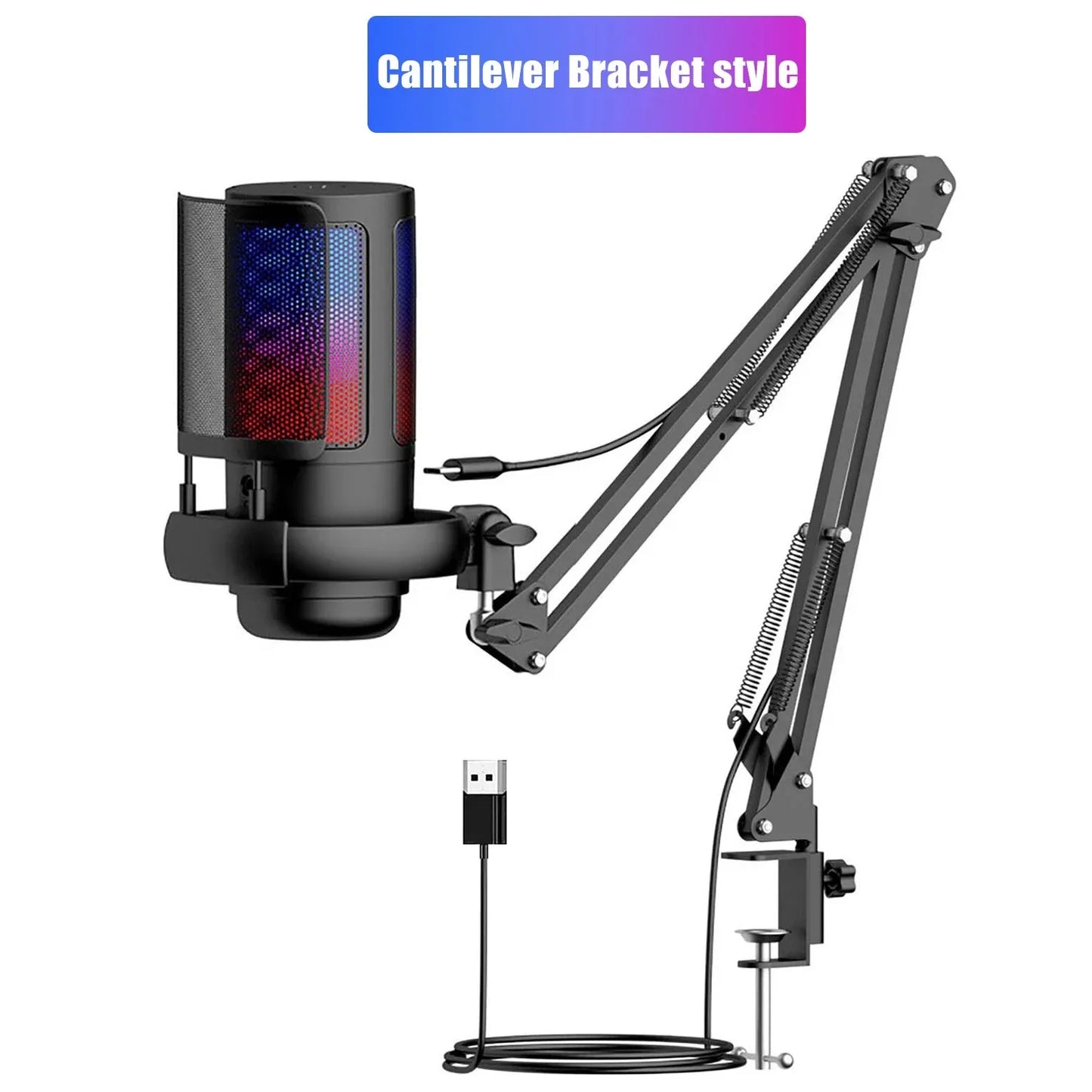 USB Gaming Microphone with Arm Stand Live Reverb Function Mute RGB Condenser Microphones for LiveStreaming Games Audio Recording