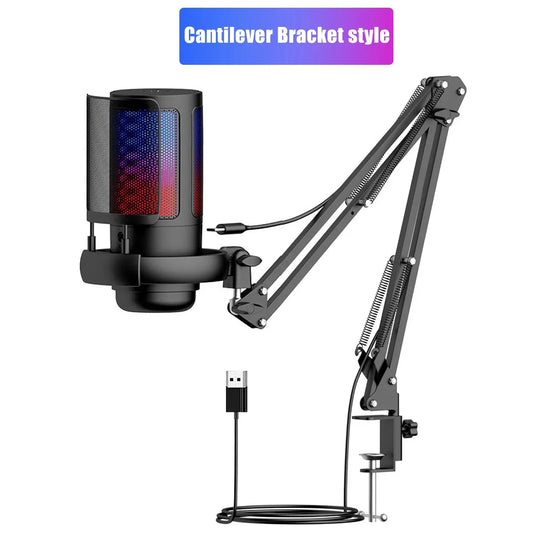 USB Gaming Microphone with Arm Stand Live Reverb Function Mute RGB Condenser Microphones for LiveStreaming Games Audio Recording