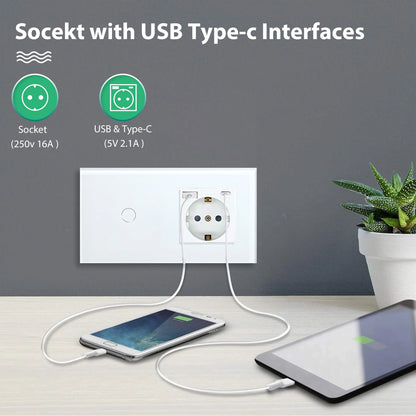 BSEED EU Standard USB Single Socket Touch Switch 1Gang 1Way White Crystal Sensor Wall Light Switch Power Double Sockets Outlets