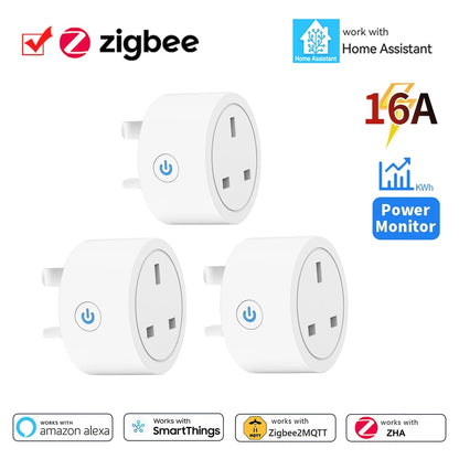 Home Assistant ZigBee Smart Plug 16A Smart Home Outlet UK Socket with Power Monitor Function APP Control Supports Alexa Z2M ZHA